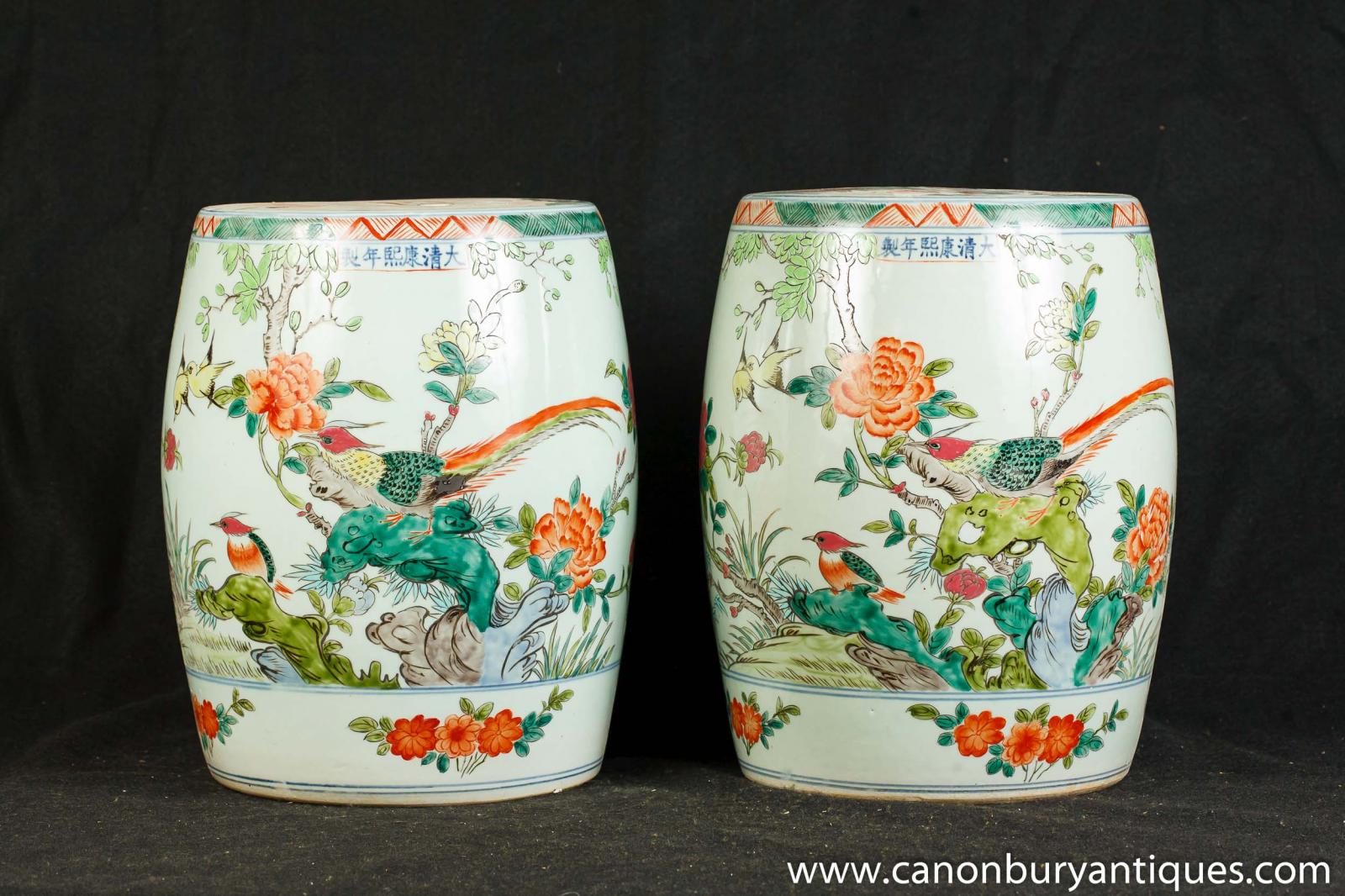 Pair Japanese Kakiemon Porcelain Garden Seats Stools Vases