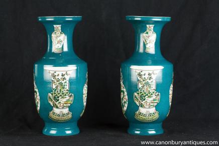 Pair Chinese Ceramic Celadon Porcelain Vases Urns