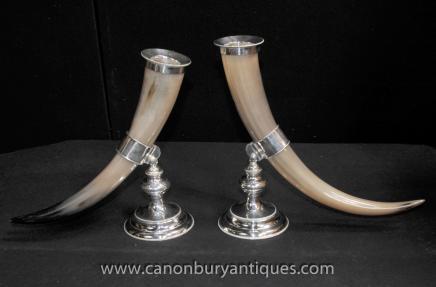 Pair Antique French Silver Plate Horn Vases Cherub Stands