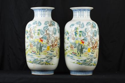 Pair Chinese Qing Porcelain Vases Urns Pottery China Ceramic