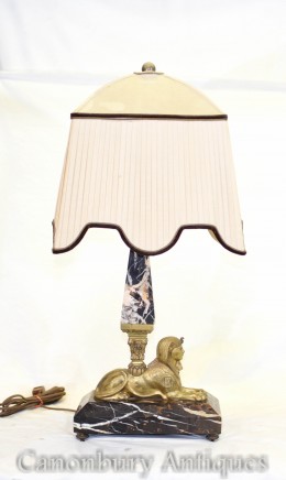Antique Art Deco Sphinx Lamp - Marble Obelisk Table Light