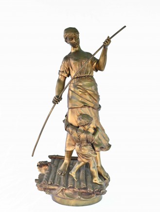 Antique Art Nouveau Bronze - Mother and Child Raft Statue 1890