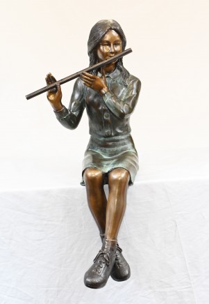 Female Bronze Flute Player Statue Seated Girl Casting