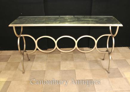 French Art Deco Mirrored Console Table Steel Base
