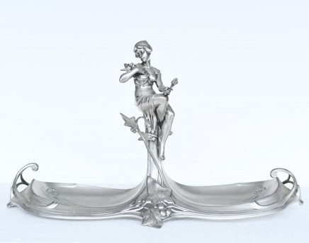 French Art Nouveau Pewter Centrepiece Epergne Maiden and Birds Figurine Tray