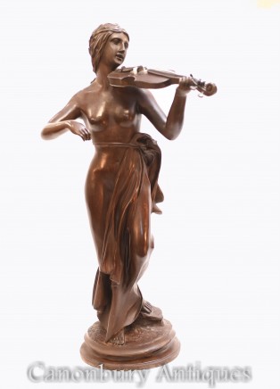 Big Bronze Female Violin Player Statue - Classical Fiddle