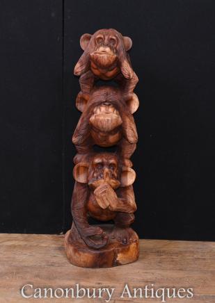 Large Monkey Carving See Hear Speak No Evil Chimp Ape