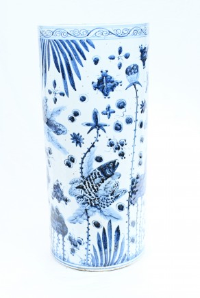 Blue and White Ming Porcelain Umbrella Stand Urn Vase
