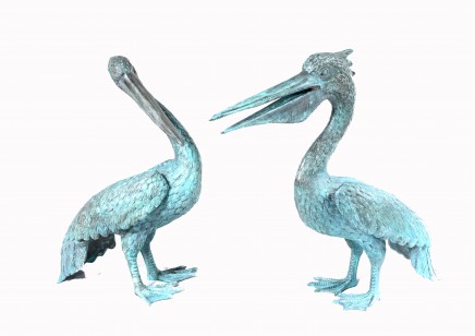 Pair Bronze Pelican Birds Garden Statues Bird