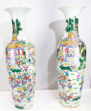 Pair Canton Porcelain Vases- Chinese Cantonese Urns