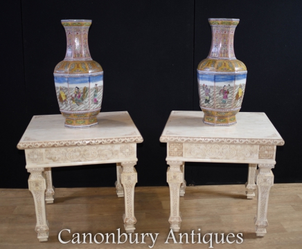 Pair Chinese Bone Side Tables Hand Carved End Table
