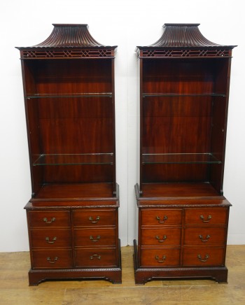 Pair Chinese Chippendale Bookcases Cabinets Mahogany Pagoda 1890