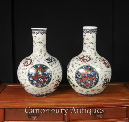 Ming Porcelain Urns -  Pair Chinese Dragon Vases Bulbous Urn