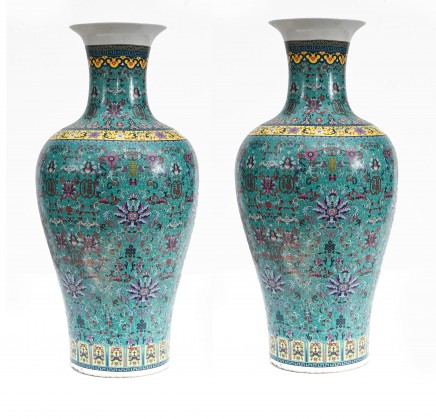 Pair Chinese Porcelain Vases - Qianlong Urns Arabesques