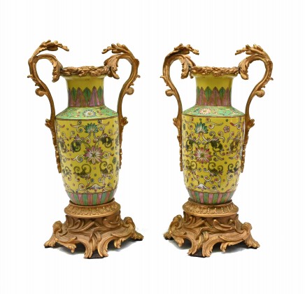 Pair Chinese Porcelain Vases Famille Jaune Antique Pottery