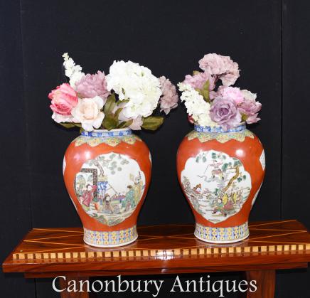 Pair Chinese Qing Porcelain Vases - Temple Jars Imperial Red