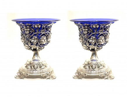 Pair English Silver Plate Glass Urns Repousse Bristol
