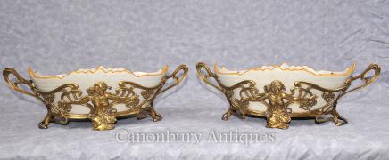 Pair Art Nouveau Porcelain Bowls - French  Floral Dishes Plates