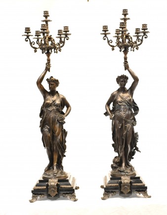 Pair French Bronze Candelabras - Signed Gregoire Torcheres 3 ft