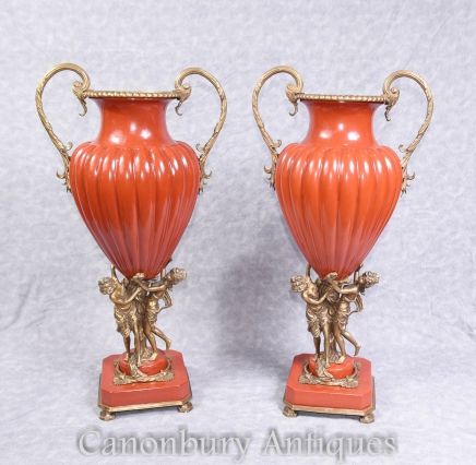 Pair French Empire Porcelain Cherub Amphora Urns Vases