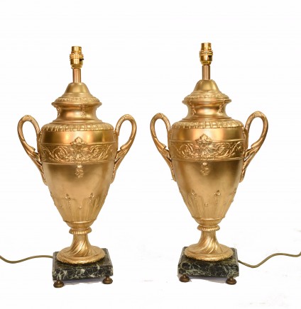 Pair French Gilt Lamp Bases Amphora Vase Antique Lights