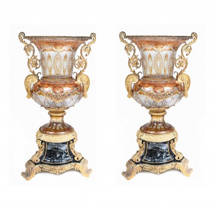 Pair French Glass Campana Urns Empire Pedestal Base