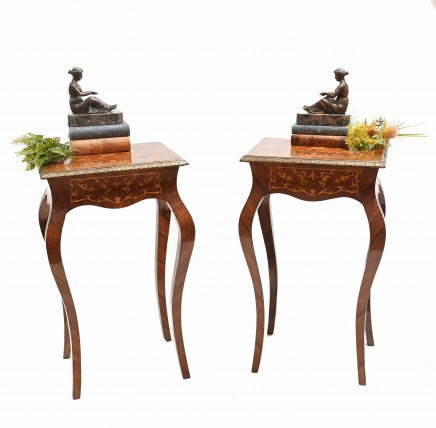Pair French Side Tables Empire Floral Inlay Cocktail