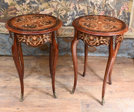 Pair French Side Tables Louis XVI Marquetry Inlay