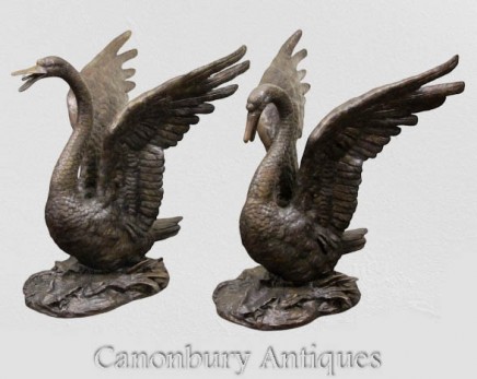Pair Large Swan Statues - Royal Bird Garden Casting