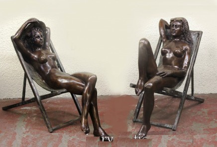 Pair Lifesize Nude Girls - Deck Chair Female Garden Statues