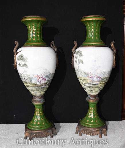 Pair Paris Sevres Porcelain Amphora Urns Vases French Pottery