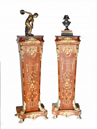 Pair Pedestal Stands French Empire Tall Tables Inlay