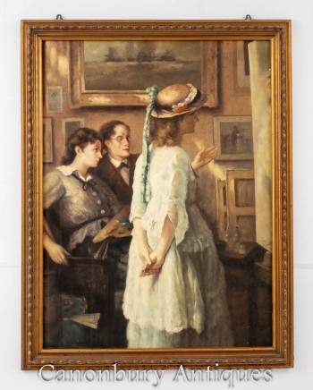 Victorian Oil Painting Artists Studio Female Portrait
