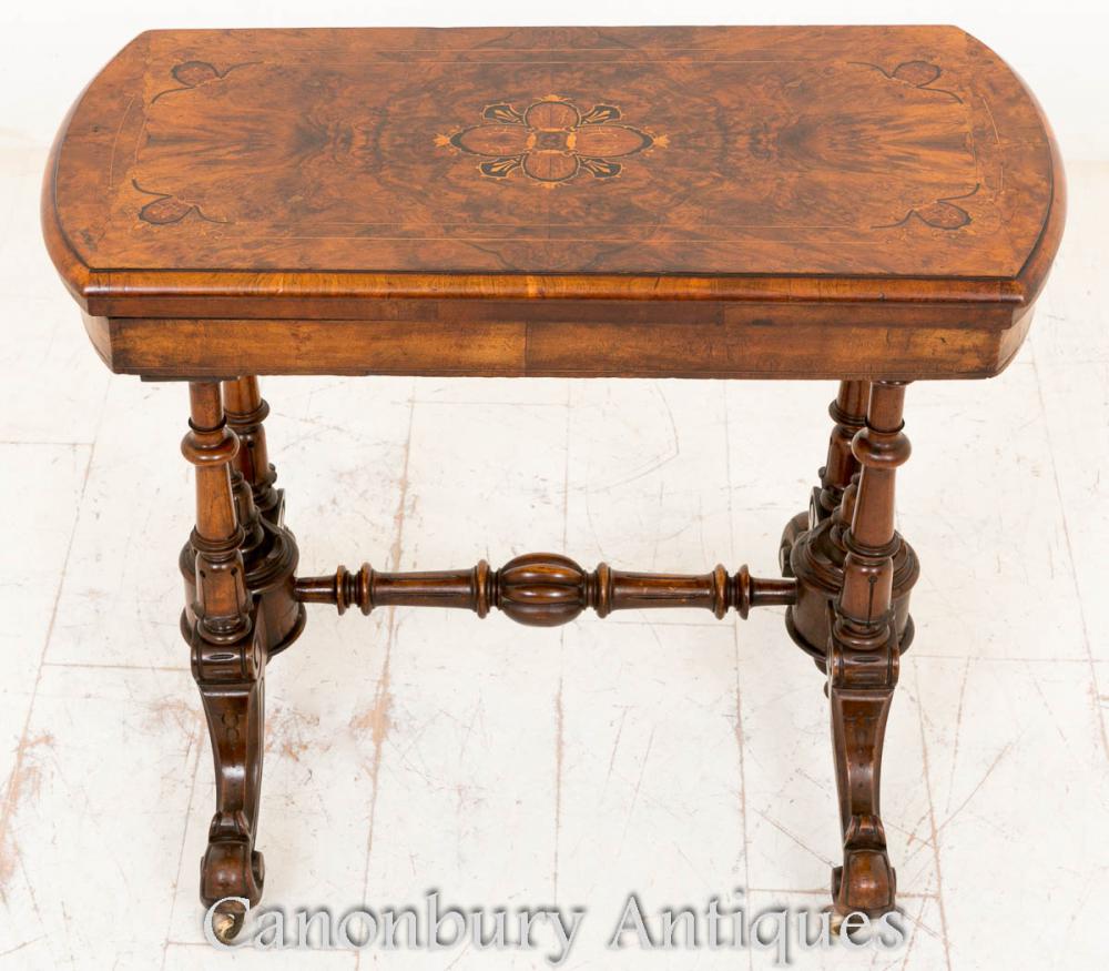 Antique Victorian Walnut Card Table Games Marquetry