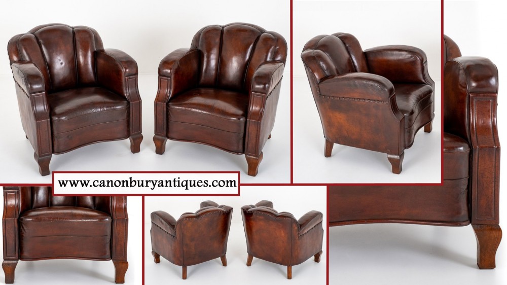 Art Deco Club Chairs Leather Arm Period 1930