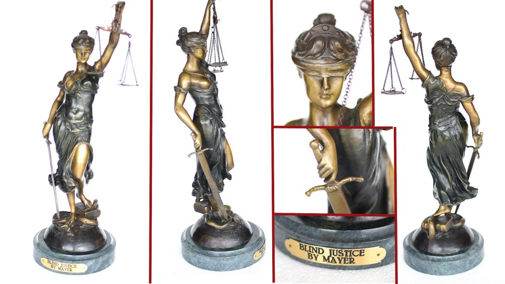 Statue en bronze de Lady Justice par Myer Blind Scales Art classique