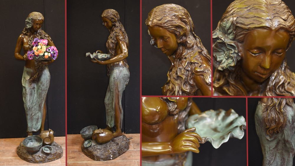 Bronzene Maiden-Brunnenstatue – Halbnacktes weibliches Wasserspiel