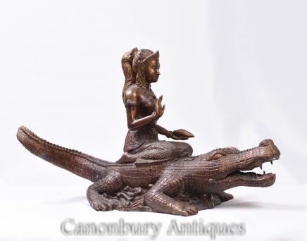 Bronze Makara Hindu Ganga Figurine Statue Female on Crocodile