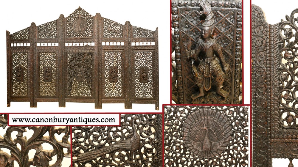 Burmese Antique Screen 5 Panel Carved Room Divider Myanmar 1850
