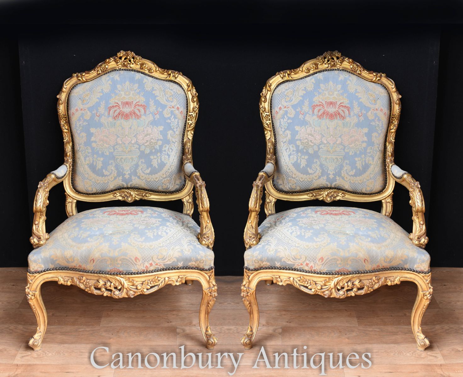 Pair French antique gilt armchairs