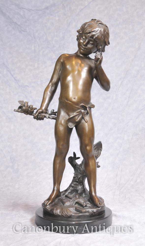 French Bronze Boy Bird Statue Moreau Casting Figurine Cherub