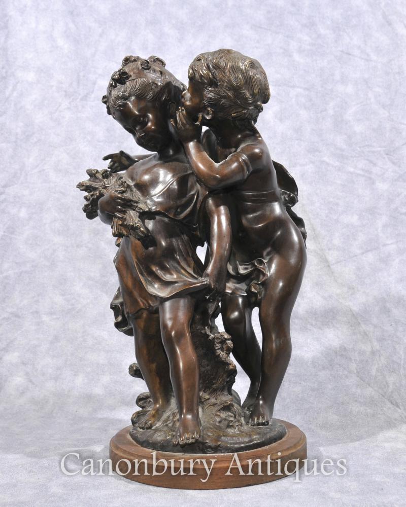 French Bronze Cherub and Girl Statue Signed Moreau