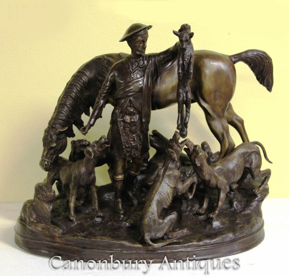 French Bronze Hunting Scene - Bloodhound Dogs and Hunter