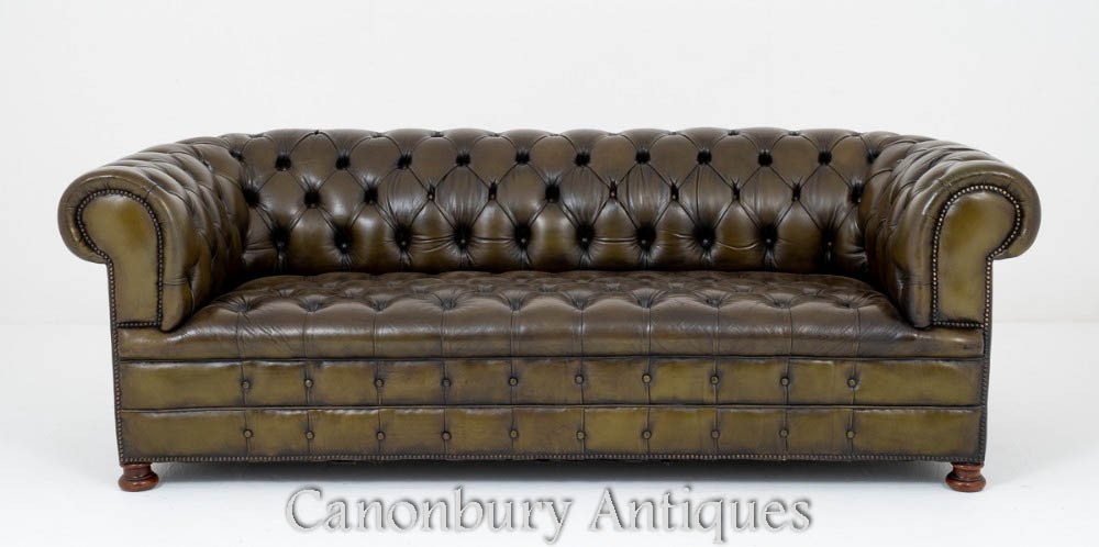 Leather Chesterfield Sofa - Antique Couch Deep Button Settee