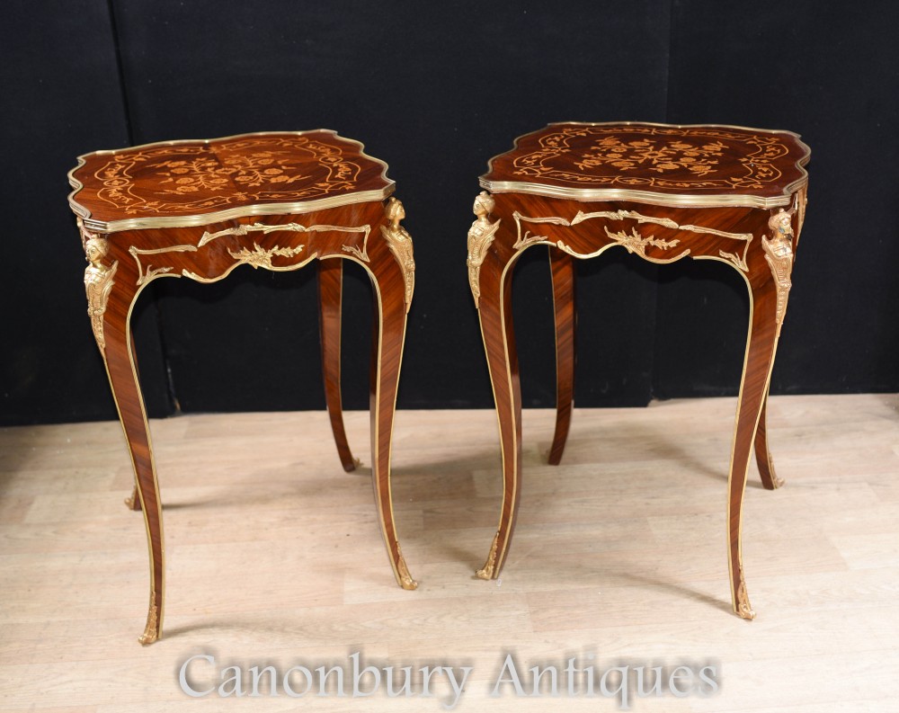 Pair antique French side tables with marquetry inlay