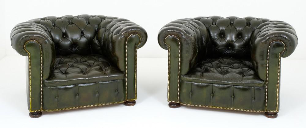 Pair Antique Deco Club Chairs Leather Deep Button Arm Chairs