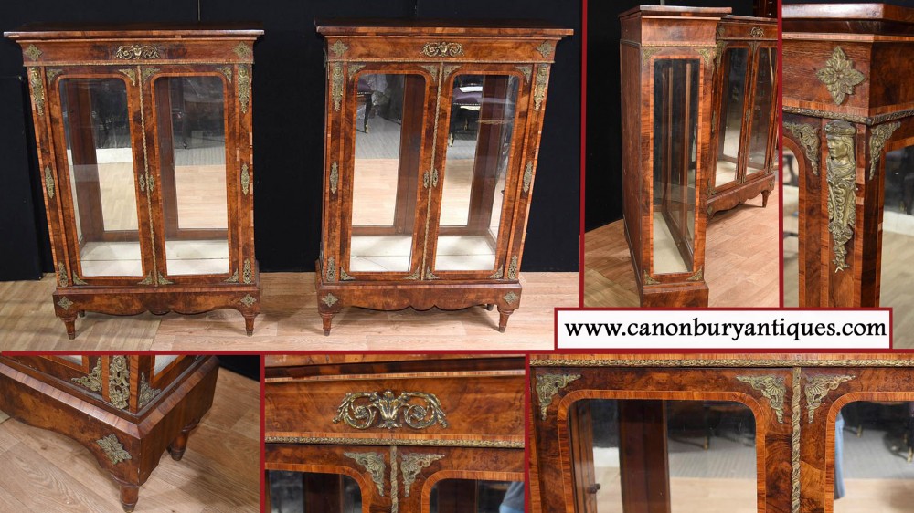 Pair Antique Pier Cabinets - English Burr Walnut Victorian (Circa 1890)