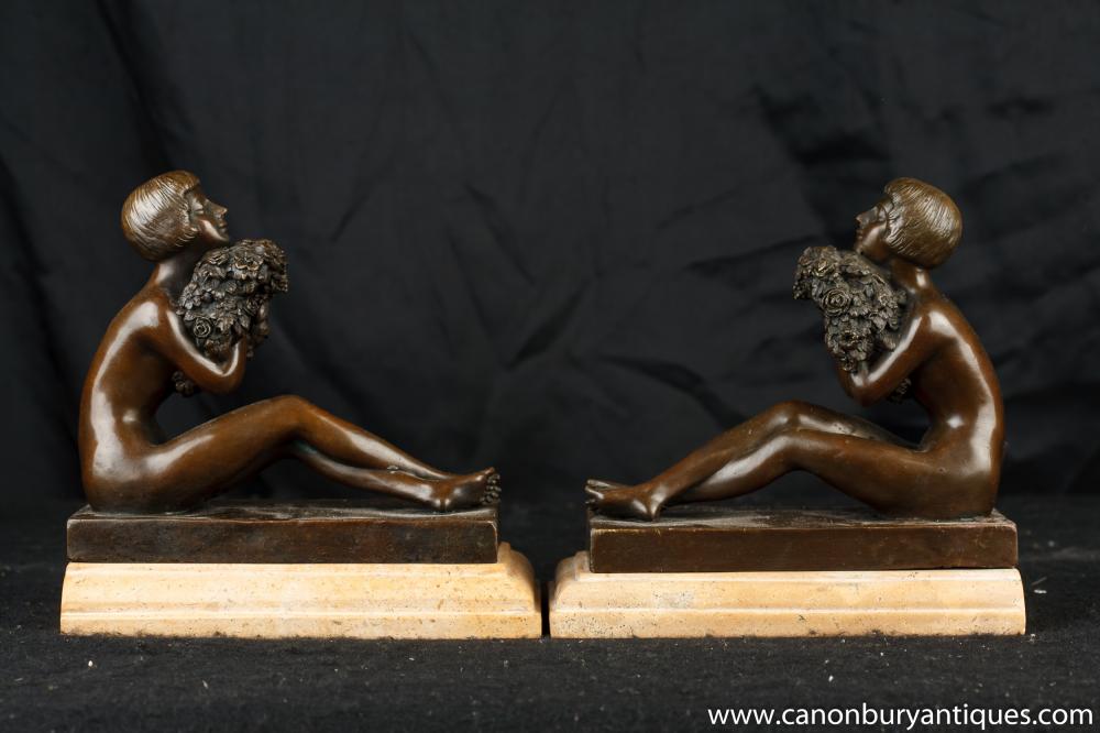 Pair Art Deco Figurine Bookends Bronze