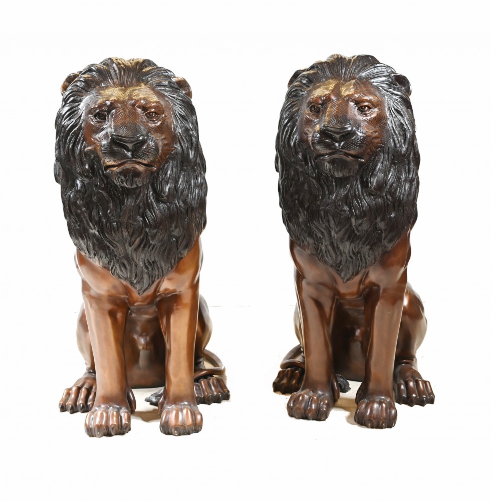Paar bronzene Löwen-Torwächterstatuen – große Katzengussteile