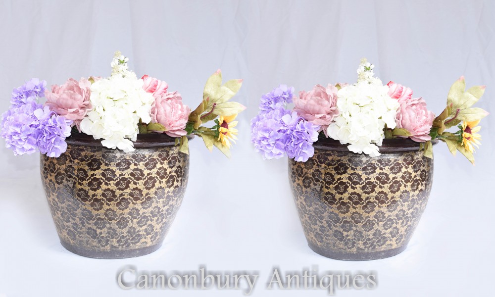 Pair Chinese Pottery Planters - Garden Urns